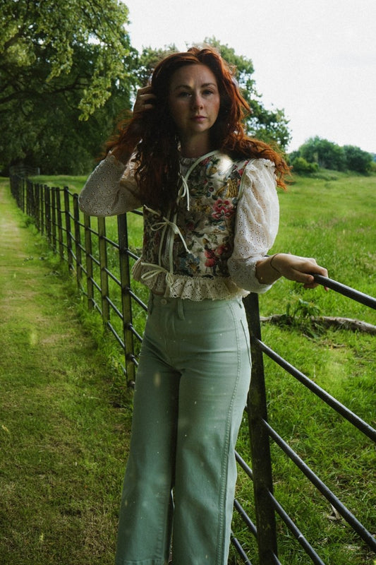 Alys Waistcoat in Vintage Medieval Print - Olivia Annabelle - original_value - medieval - historical