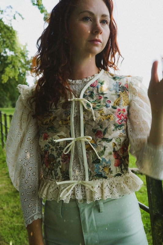 Alys Waistcoat in Vintage Medieval Print - Olivia Annabelle - original_value - medieval - historical
