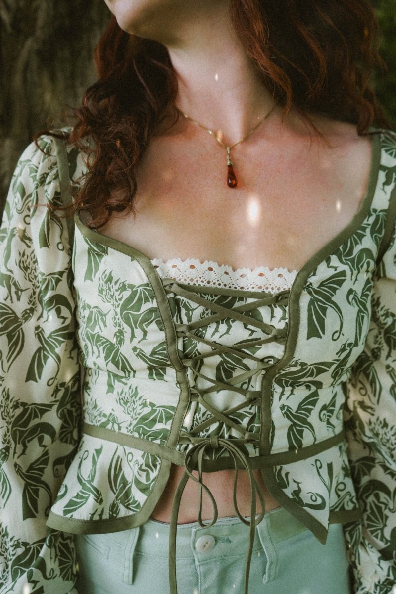 Arianwen Top in Green Draco Print - Olivia Annabelle - original_value - medieval - historical
