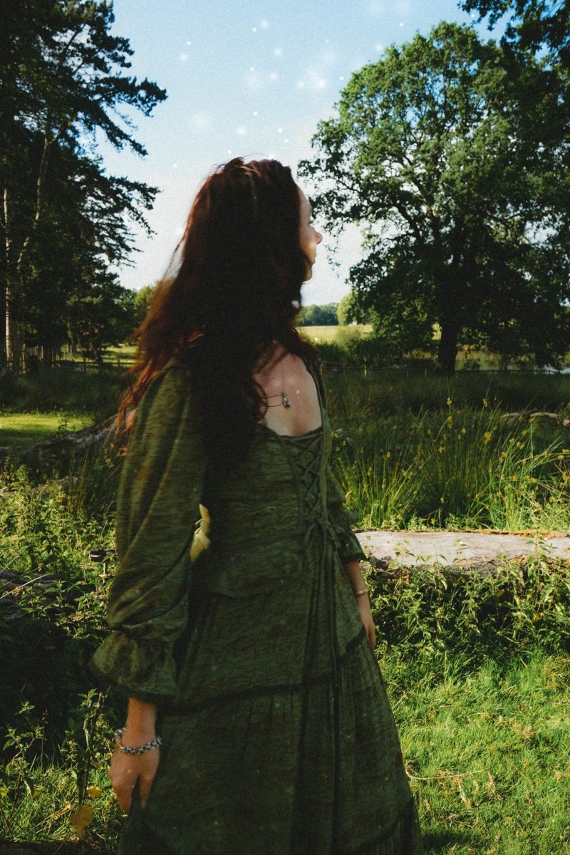 Carys Dress in Green Arthur Print - Olivia Annabelle - original_value - medieval - historical