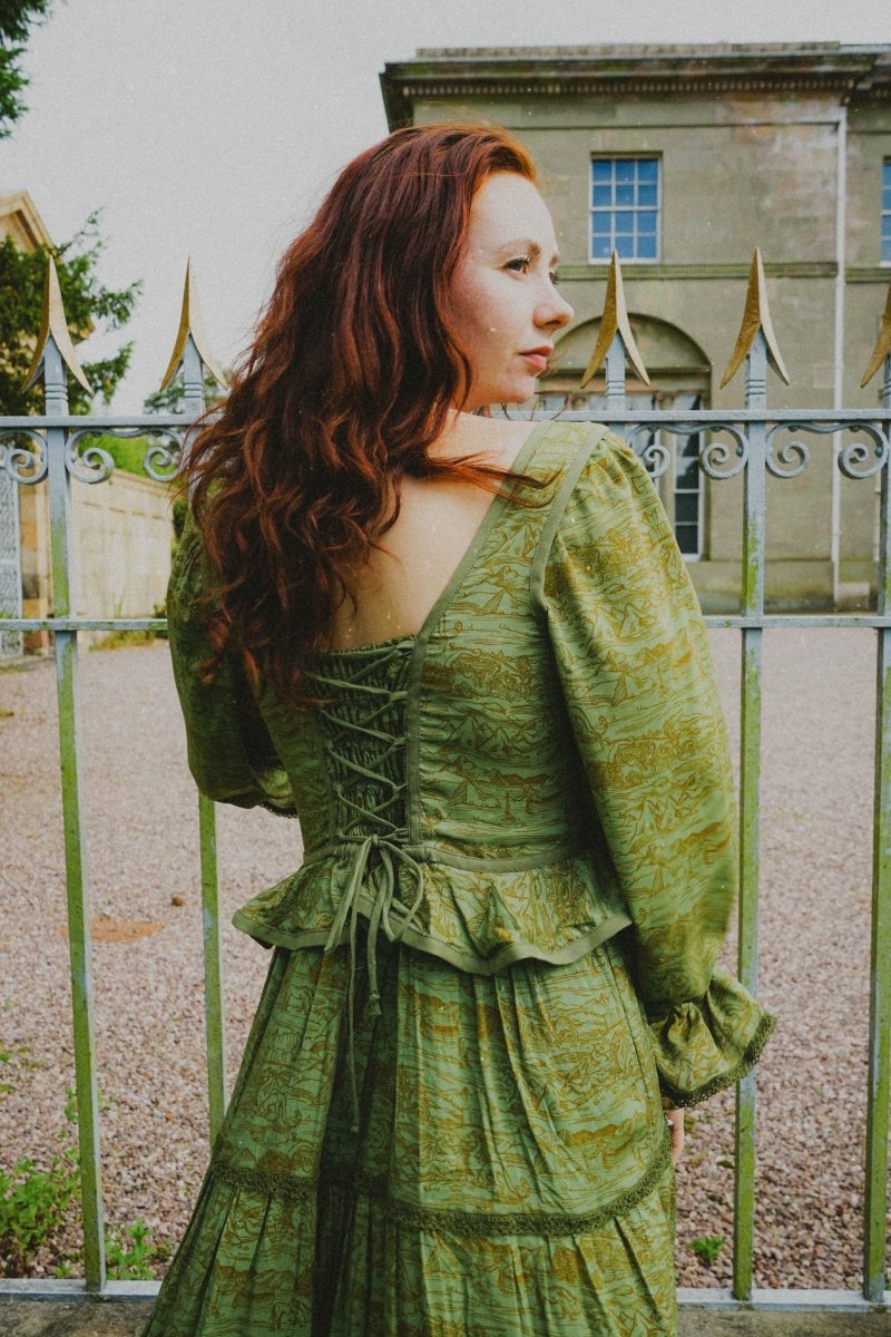 Carys Dress in Green Arthur Print - Olivia Annabelle - original_value - medieval - historical