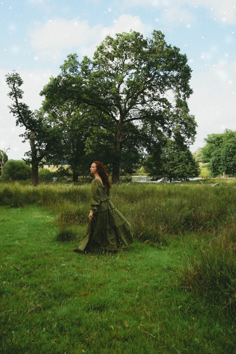 Carys Dress in Green Arthur Print - Olivia Annabelle - original_value - medieval - historical