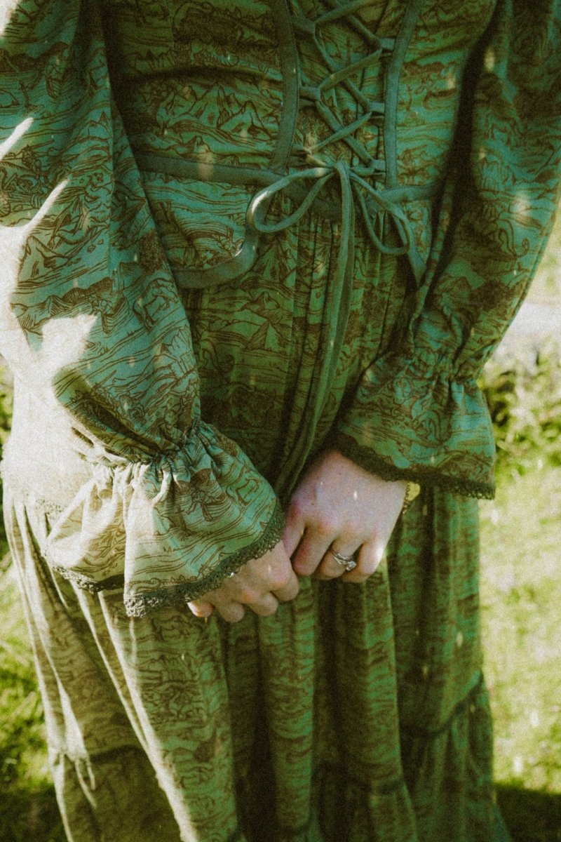 Carys Dress in Green Arthur Print - Olivia Annabelle - original_value - medieval - historical