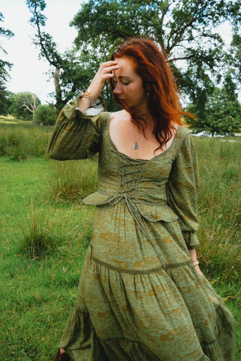 Carys Dress in Green Arthur Print - Olivia Annabelle - original_value - medieval - historical
