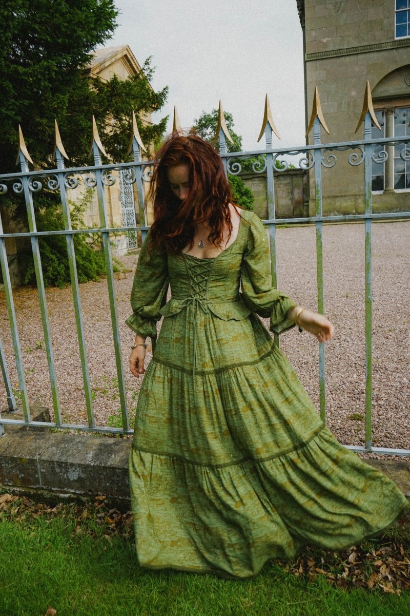 Carys Dress in Green Arthur Print - Olivia Annabelle - original_value - medieval - historical