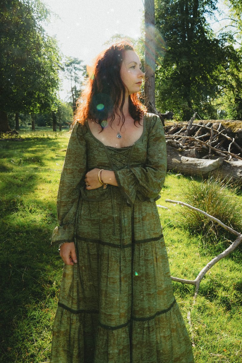 Carys Dress in Green Arthur Print - Olivia Annabelle - original_value - medieval - historical