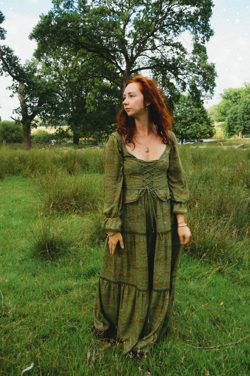 Carys Dress in Green Arthur Print - Olivia Annabelle - original_value - medieval - historical