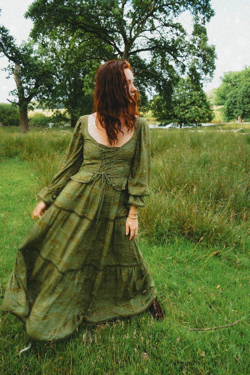 Carys Dress in Green Arthur Print - Olivia Annabelle - original_value - medieval - historical