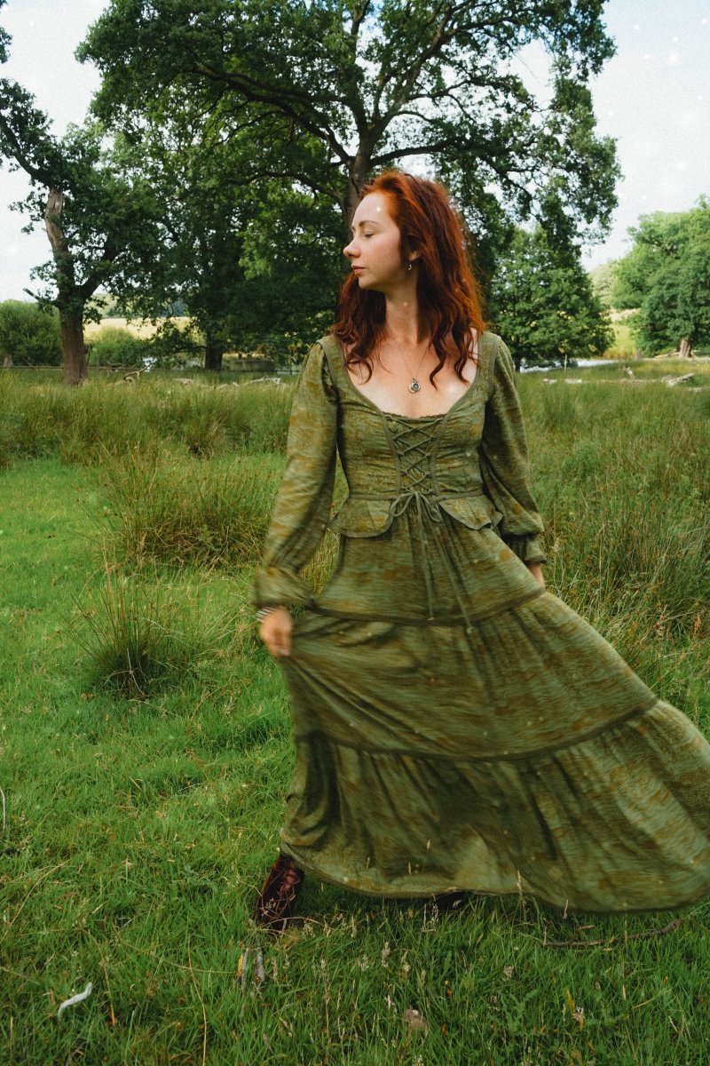Carys Dress in Green Arthur Print - Olivia Annabelle - original_value - medieval - historical