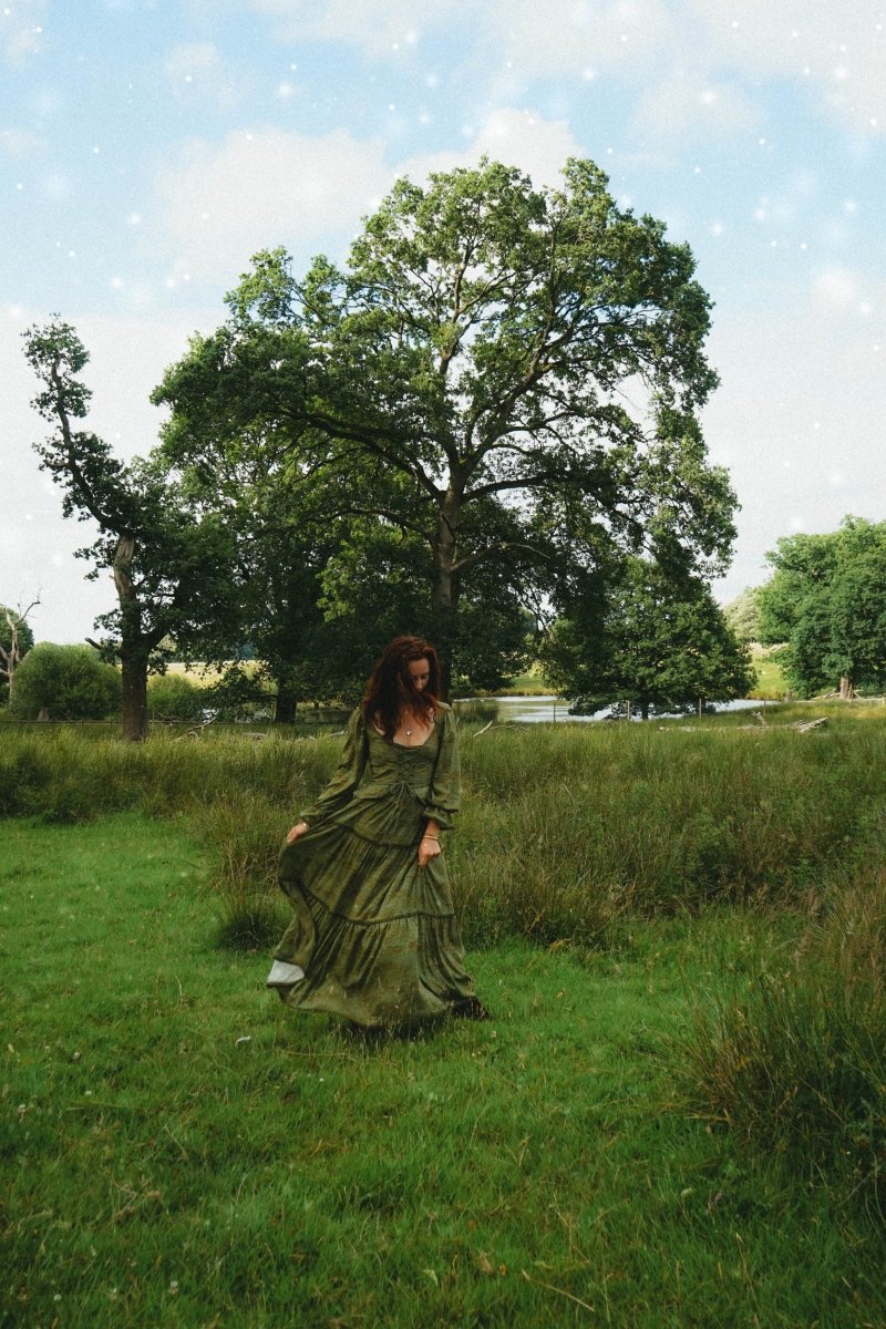 Carys Dress in Green Arthur Print - Olivia Annabelle - original_value - medieval - historical