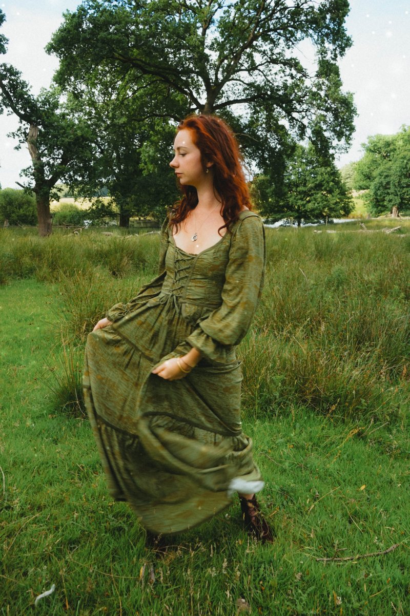 Carys Dress in Green Arthur Print - Olivia Annabelle - original_value - medieval - historical