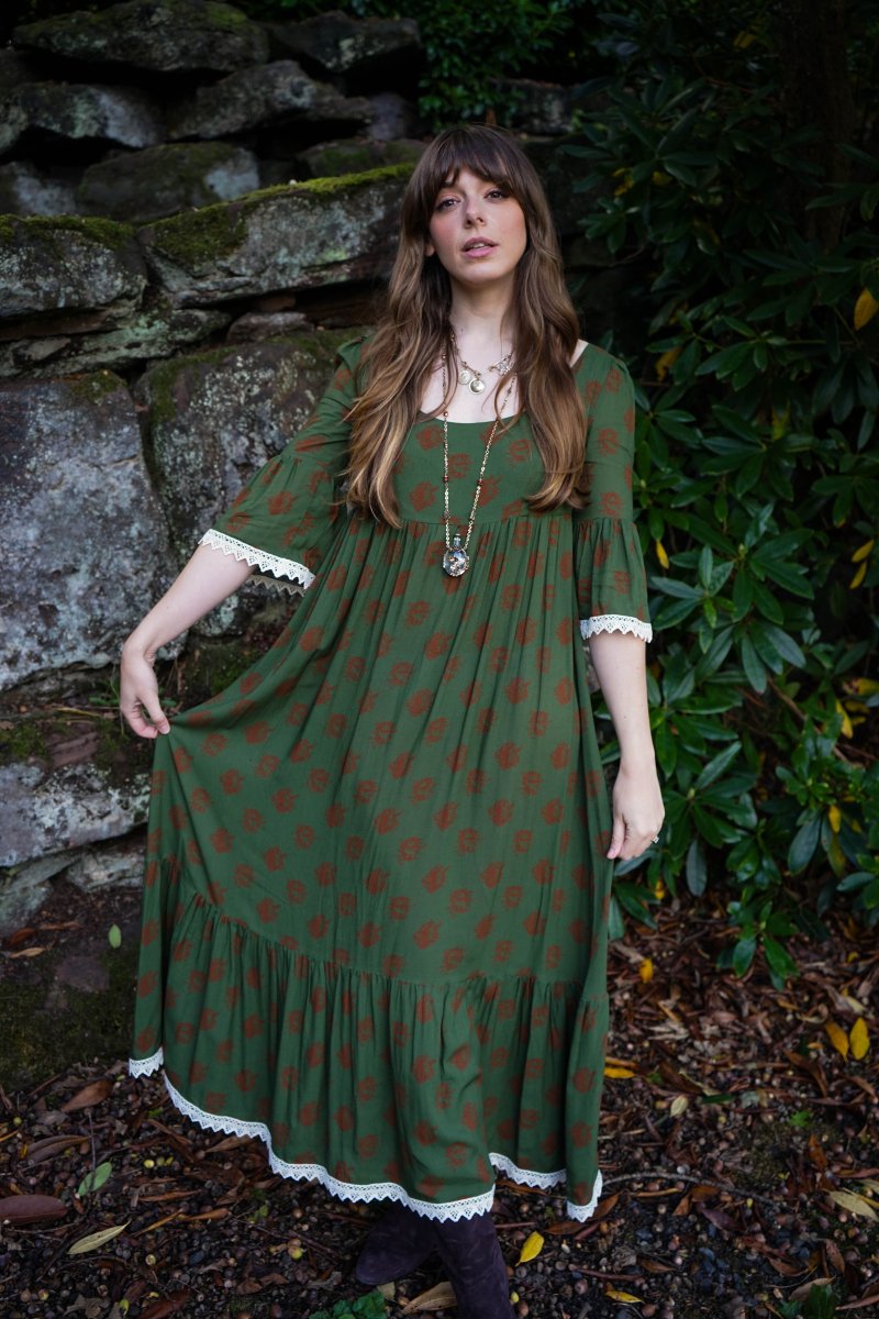 Chloe Dress in Moss Dragon Cameo Print - Olivia Annabelle - original_value - medieval - historical