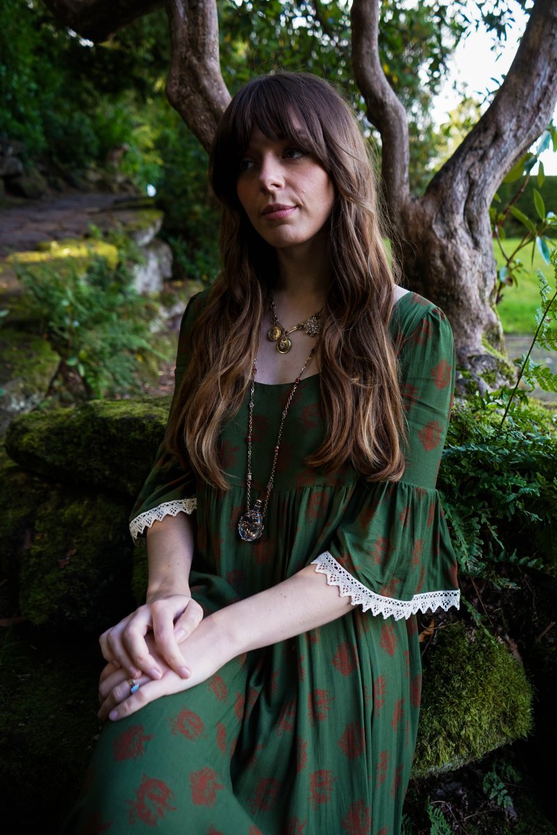 Chloe Dress in Moss Dragon Cameo Print - Olivia Annabelle - original_value - medieval - historical