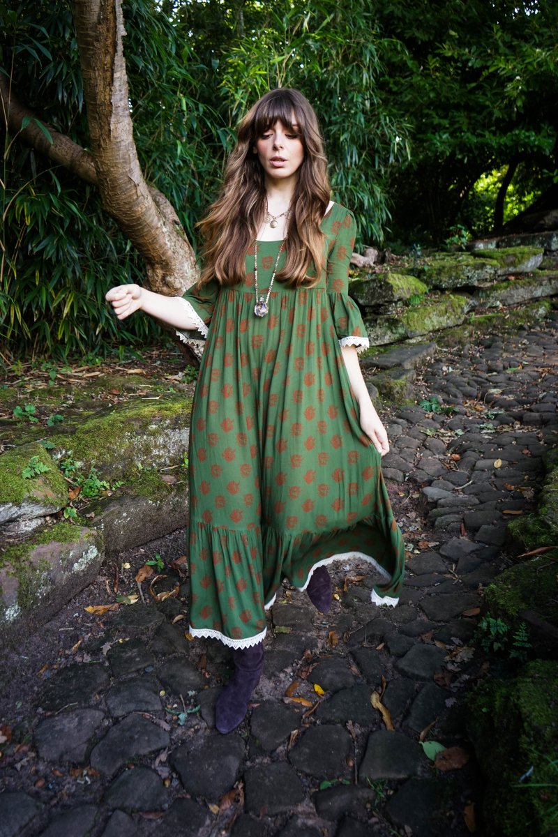 Chloe Dress in Moss Dragon Cameo Print - Olivia Annabelle - original_value - medieval - historical