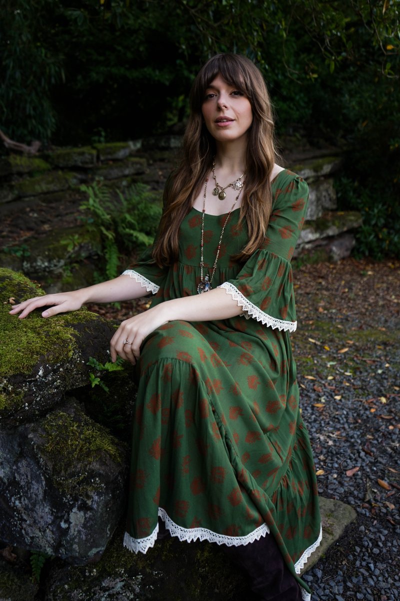 Chloe Dress in Moss Dragon Cameo Print - Olivia Annabelle - original_value - medieval - historical