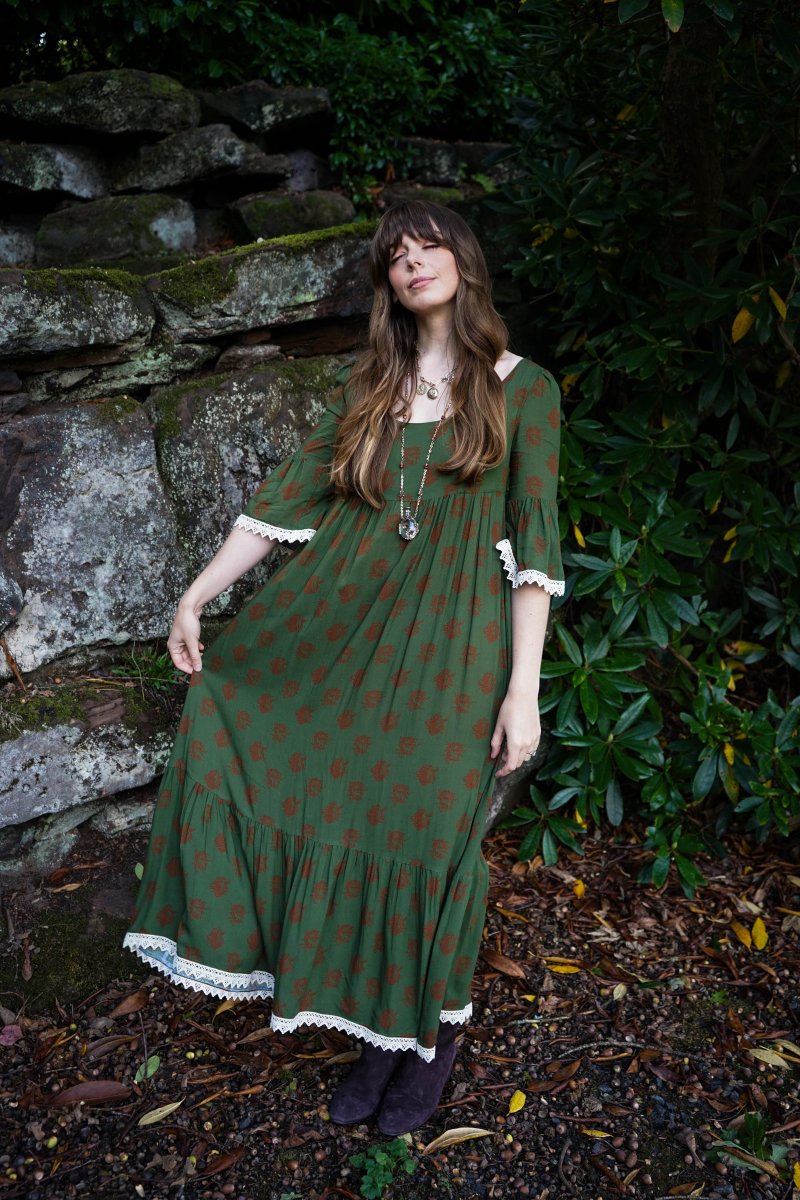 Chloe Dress in Moss Dragon Cameo Print - Olivia Annabelle - original_value - medieval - historical