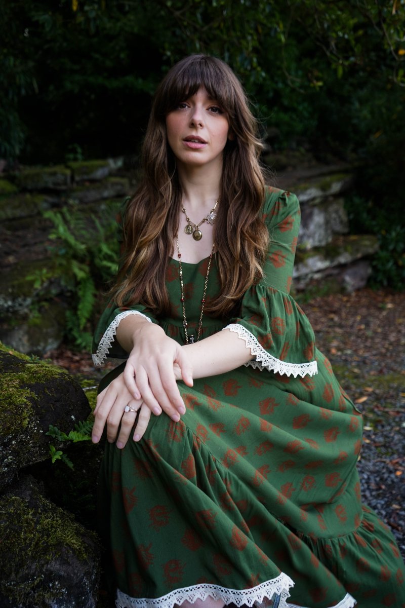 Chloe Dress in Moss Dragon Cameo Print - Olivia Annabelle - original_value - medieval - historical