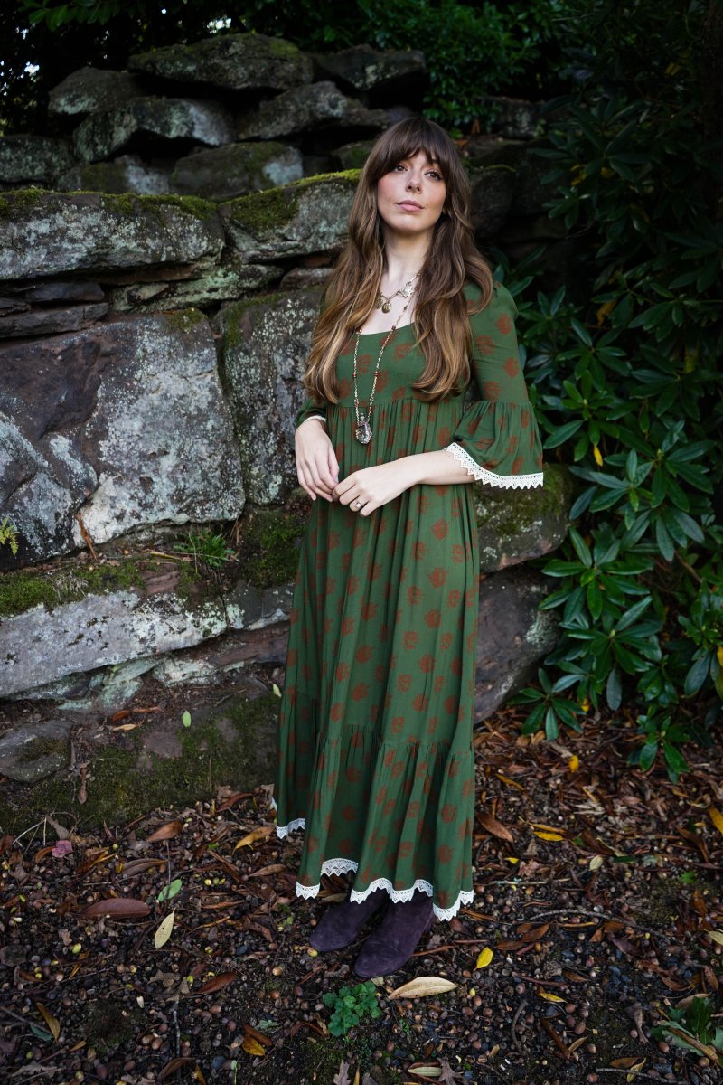 Chloe Dress in Moss Dragon Cameo Print - Olivia Annabelle - original_value - medieval - historical
