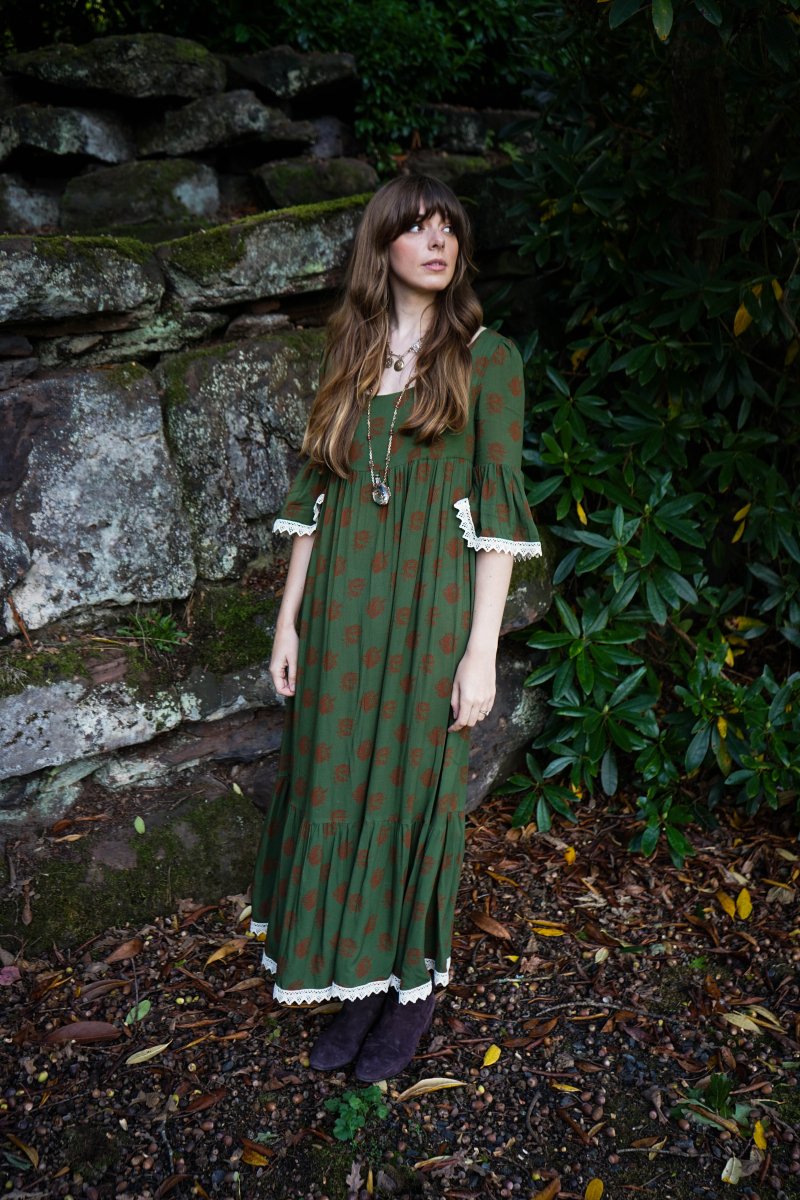 Chloe Dress in Moss Dragon Cameo Print - Olivia Annabelle - original_value - medieval - historical