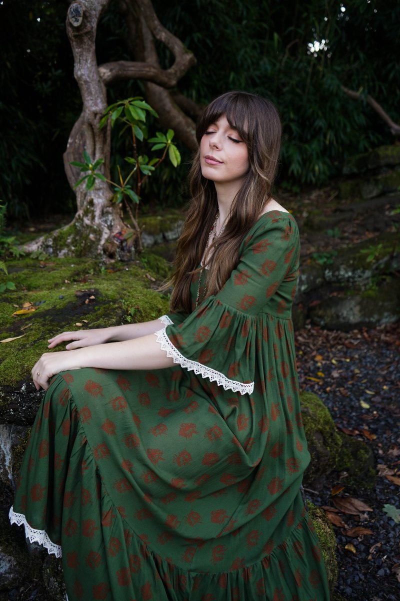 Chloe Dress in Moss Dragon Cameo Print - Olivia Annabelle - original_value - medieval - historical