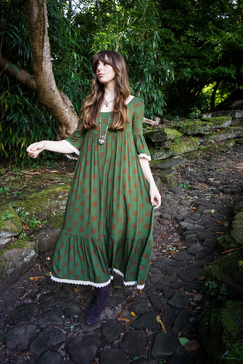 Chloe Dress in Moss Dragon Cameo Print - Olivia Annabelle - original_value - medieval - historical