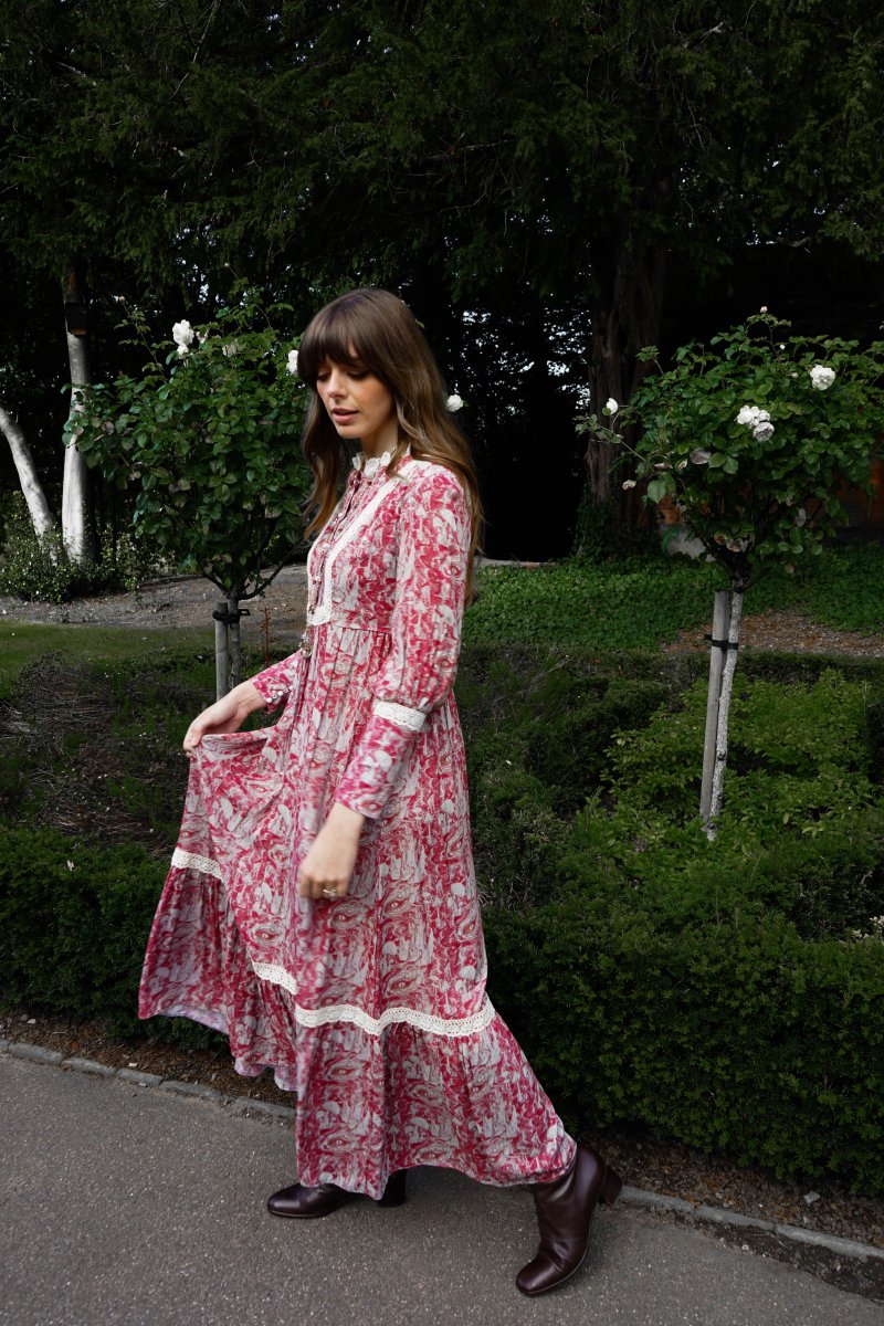 Florence Dress in Wine Ulvaag Dragon Print - Olivia Annabelle - original_value - medieval - historical