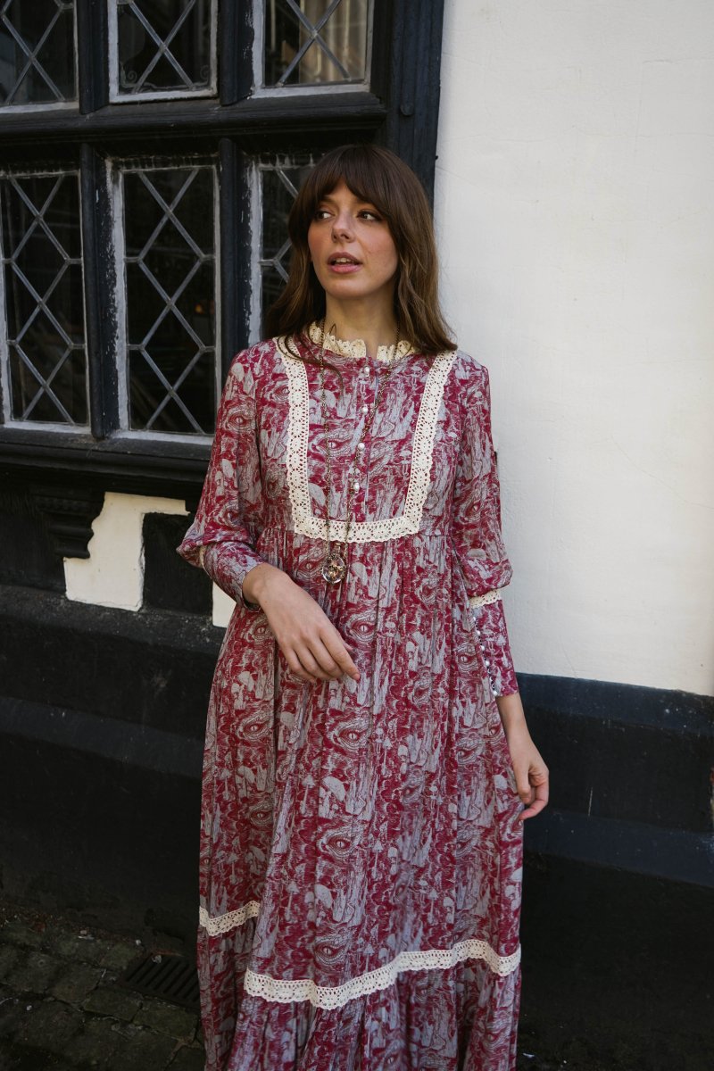 Florence Dress in Wine Ulvaag Dragon Print - Olivia Annabelle - original_value - medieval - historical