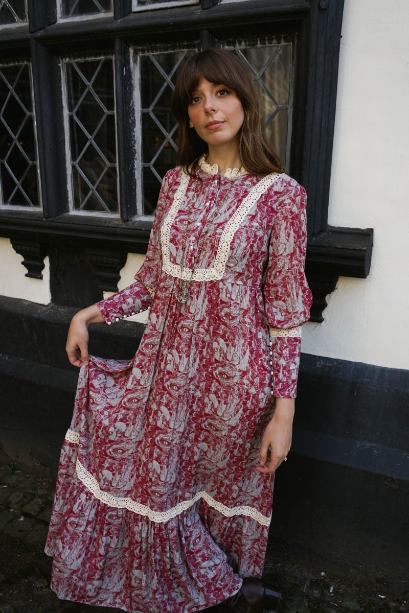 Florence Dress in Wine Ulvaag Dragon Print - Olivia Annabelle - original_value - medieval - historical