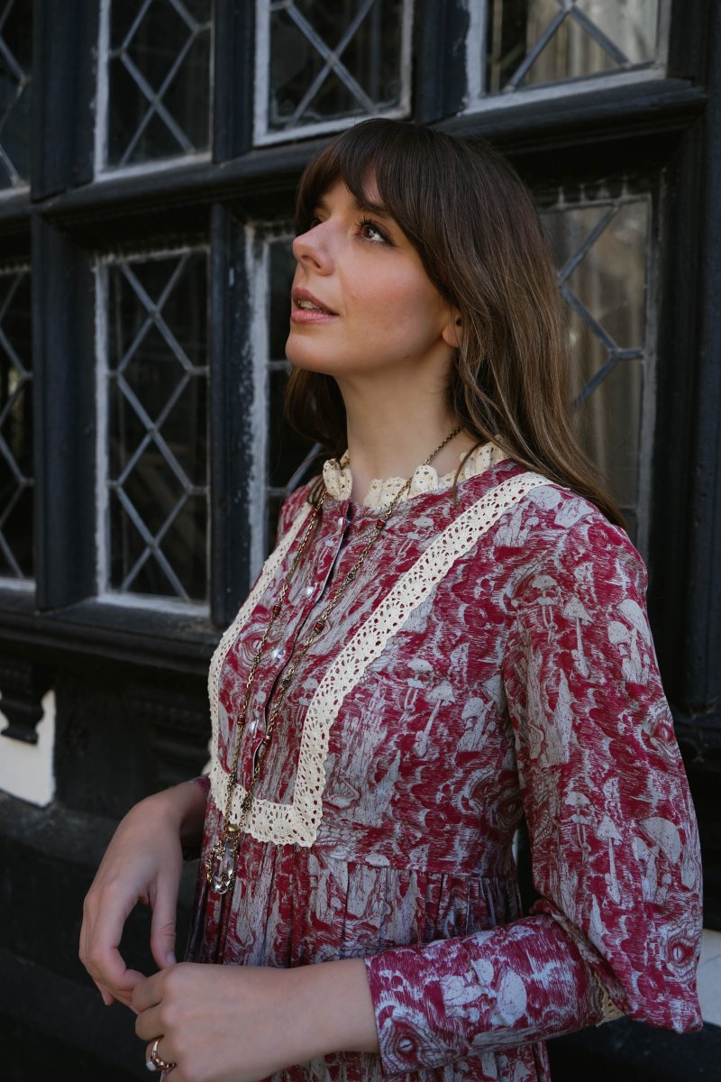 Florence Dress in Wine Ulvaag Dragon Print - Olivia Annabelle - original_value - medieval - historical