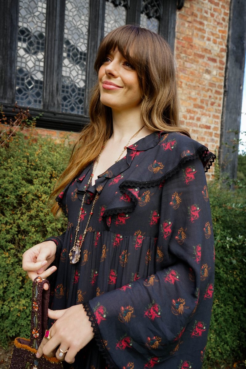 Lowri Dress in Jet Dragon Cameo Print - Olivia Annabelle - original_value - medieval - historical