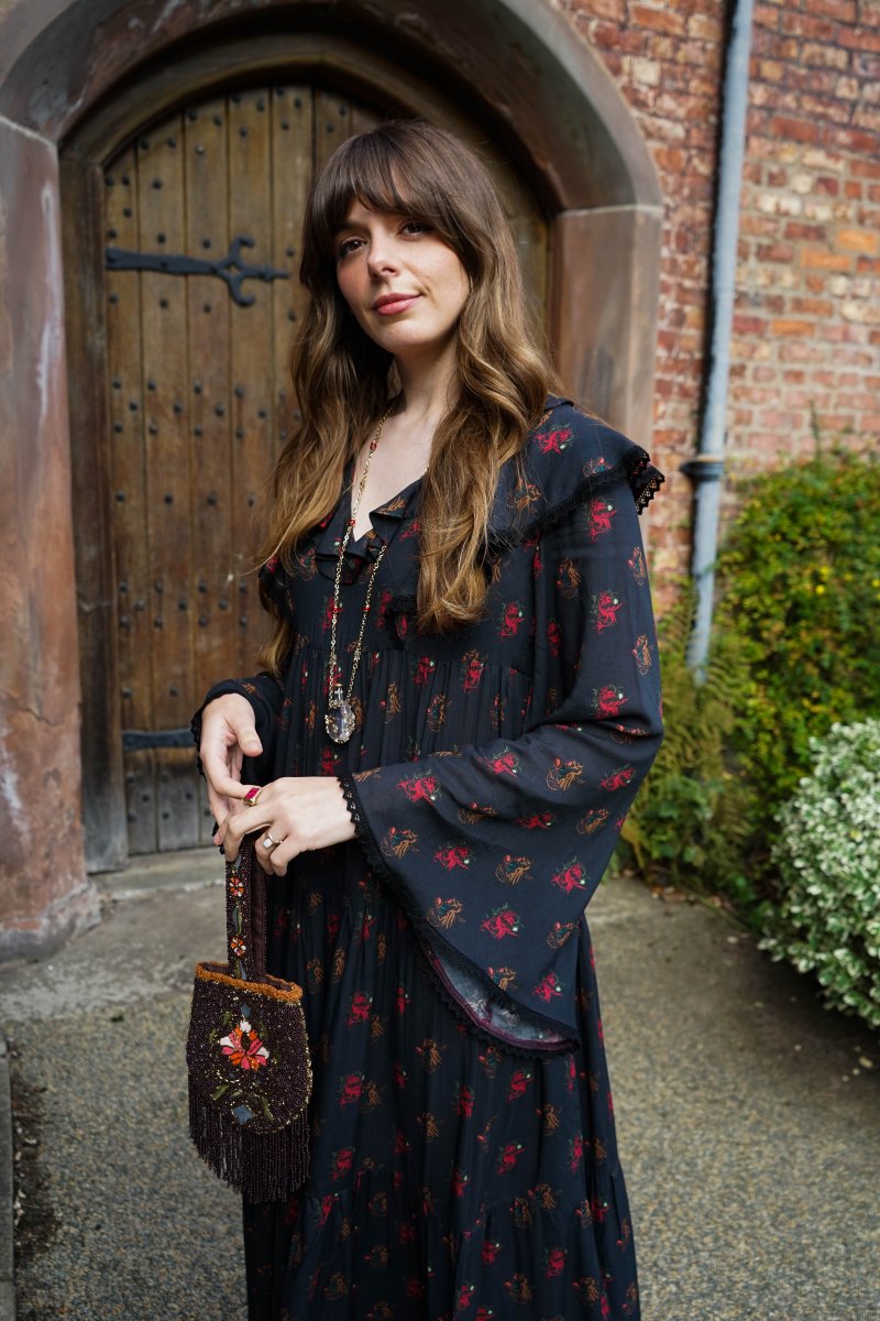 Lowri Dress in Jet Dragon Cameo Print - Olivia Annabelle - original_value - medieval - historical