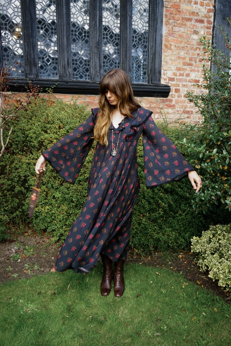 Lowri Dress in Jet Dragon Cameo Print - Olivia Annabelle - original_value - medieval - historical