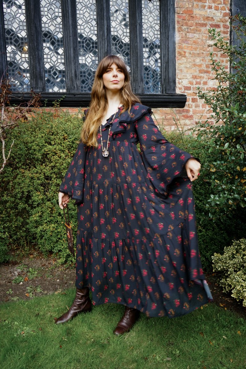 Lowri Dress in Jet Dragon Cameo Print - Olivia Annabelle - original_value - medieval - historical