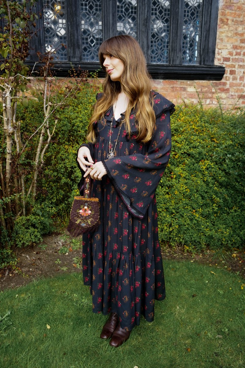Lowri Dress in Jet Dragon Cameo Print - Olivia Annabelle - original_value - medieval - historical