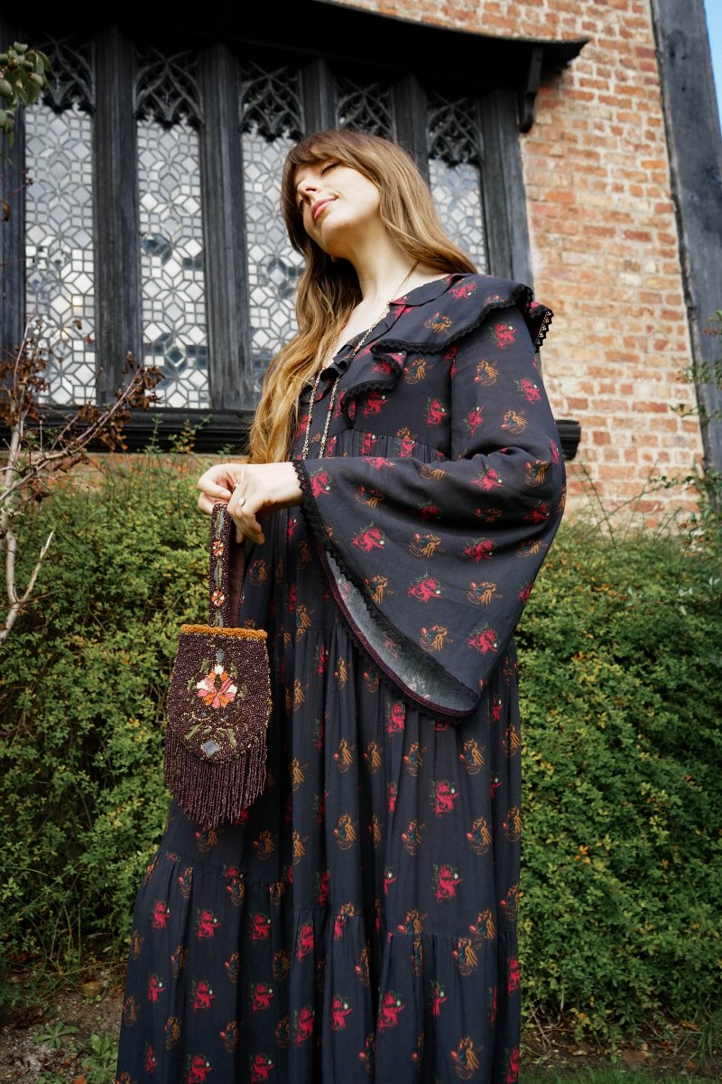 Lowri Dress in Jet Dragon Cameo Print - Olivia Annabelle - original_value - medieval - historical