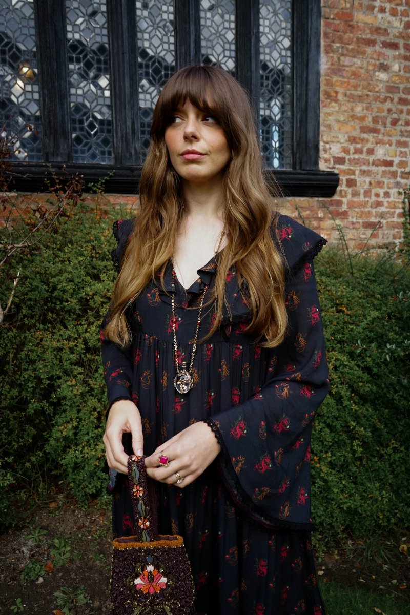 Lowri Dress in Jet Dragon Cameo Print - Olivia Annabelle - original_value - medieval - historical