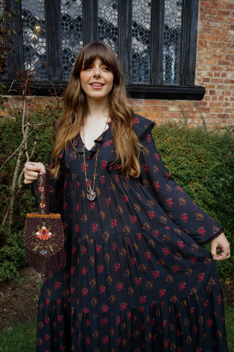 Lowri Dress in Jet Dragon Cameo Print - Olivia Annabelle - original_value - medieval - historical