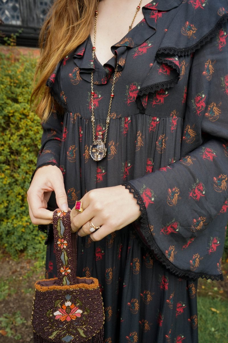 Lowri Dress in Jet Dragon Cameo Print - Olivia Annabelle - original_value - medieval - historical