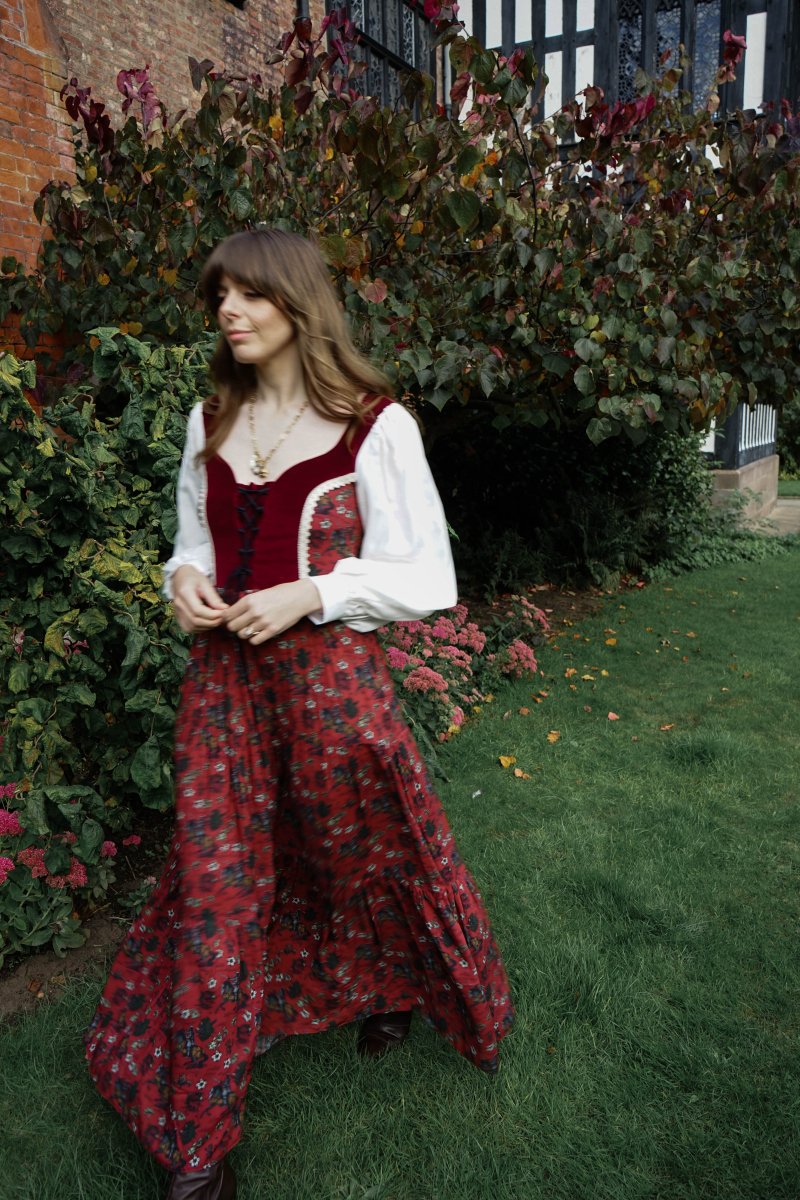 Stevie Dress in Wine Morris Print - Olivia Annabelle - original_value - medieval - historical