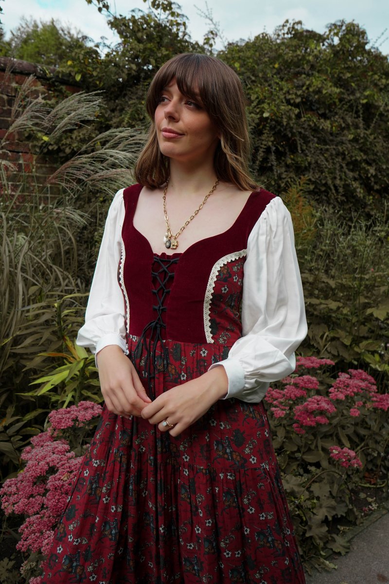 Stevie Dress in Wine Morris Print - Olivia Annabelle - original_value - medieval - historical