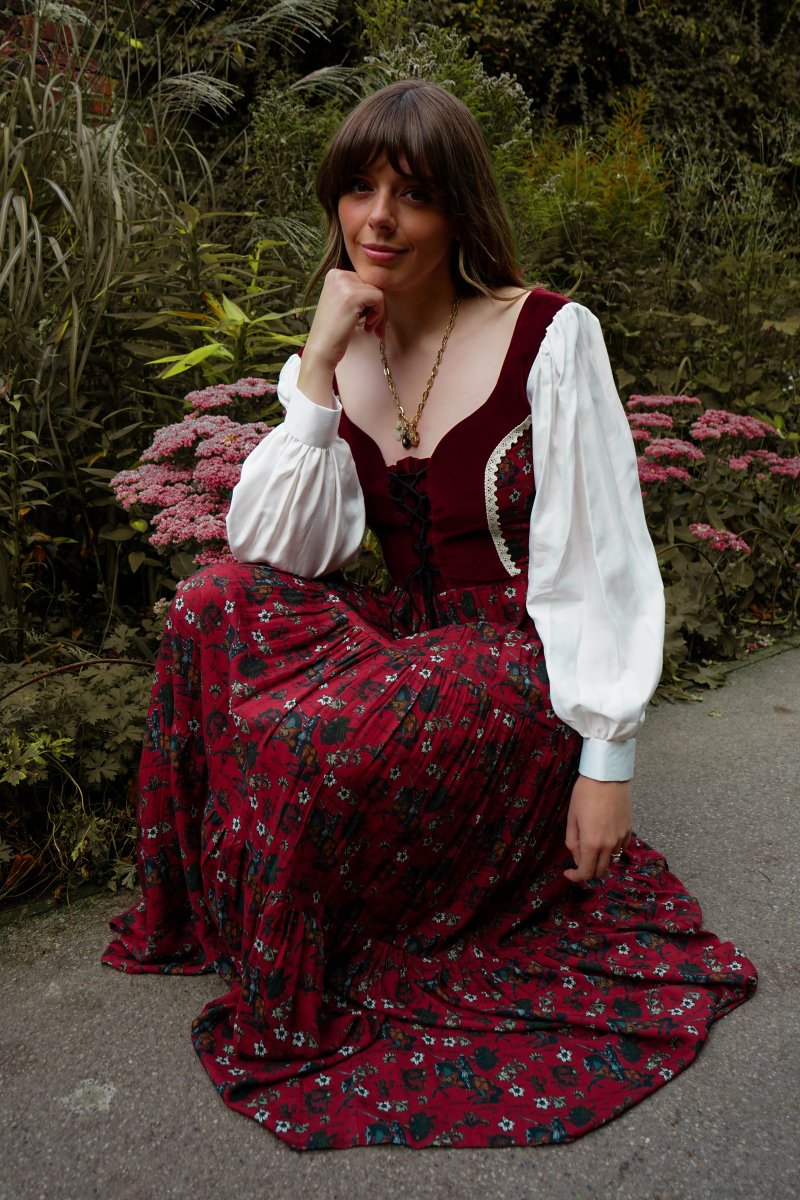 Stevie Dress in Wine Morris Print - Olivia Annabelle - original_value - medieval - historical