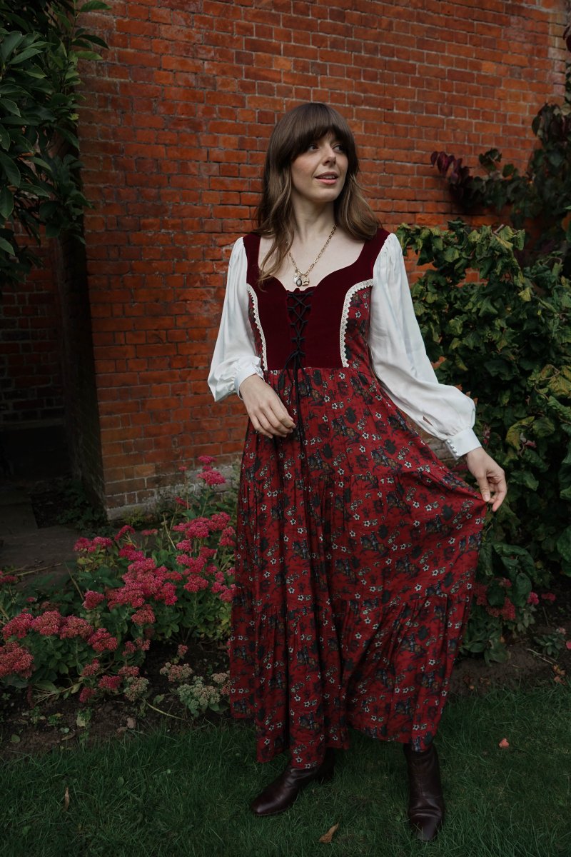 Stevie Dress in Wine Morris Print - Olivia Annabelle - original_value - medieval - historical