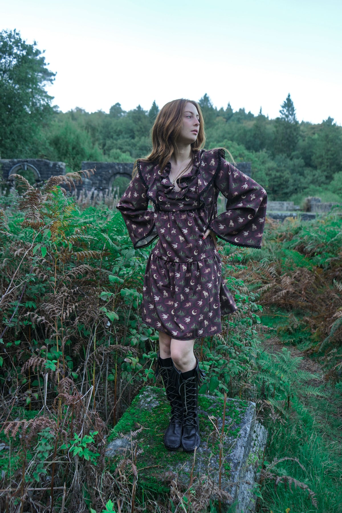 Lowri Mini Dress in Damson Folklore Ribbon Print