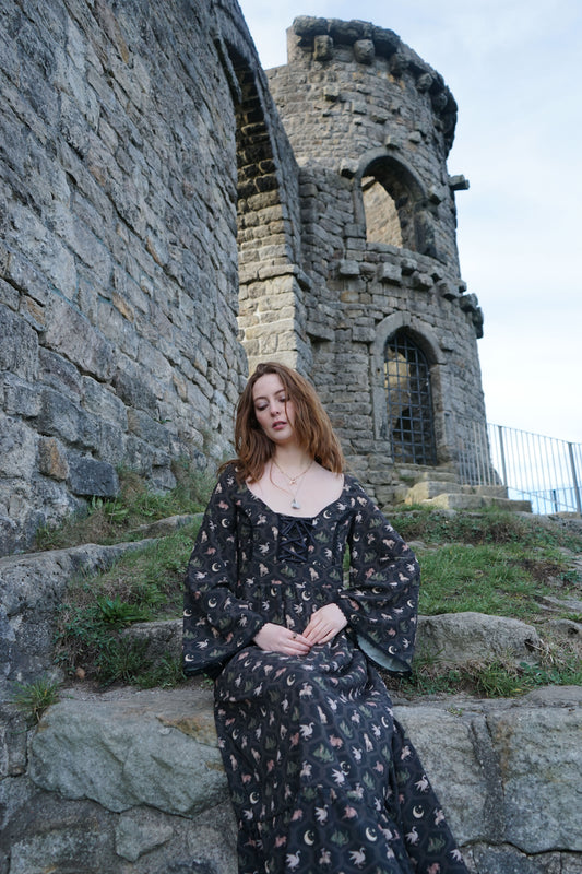 Ceridwen Dress in Coal Folklore Ribbon Print