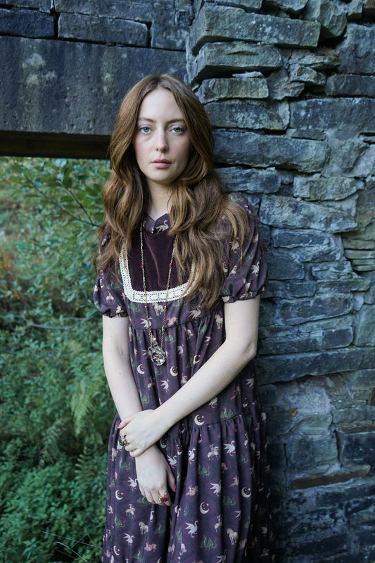 Laura Dress in Damson Folklore Ribbon Print
