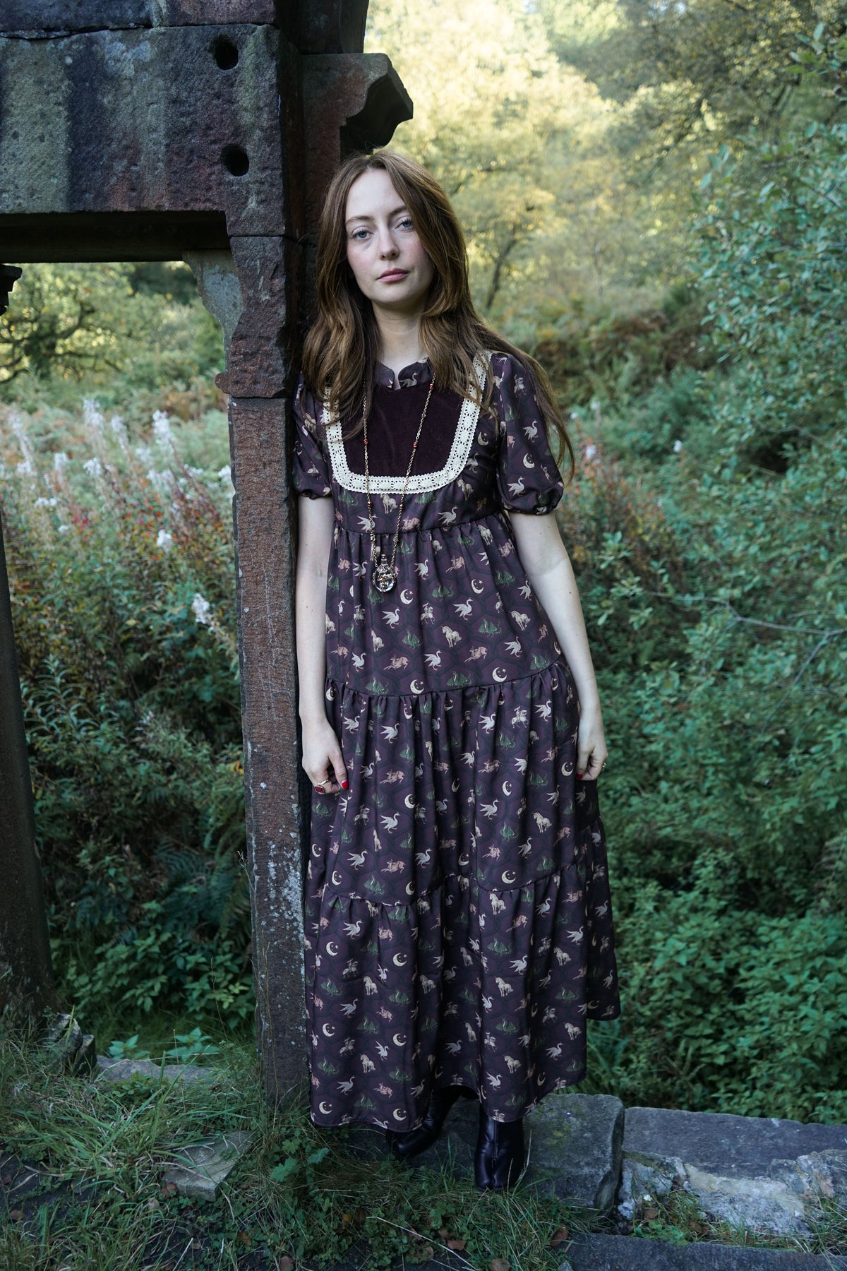 Laura Dress in Damson Folklore Ribbon Print
