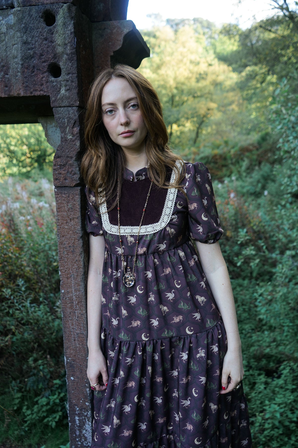Laura Dress in Damson Folklore Ribbon Print