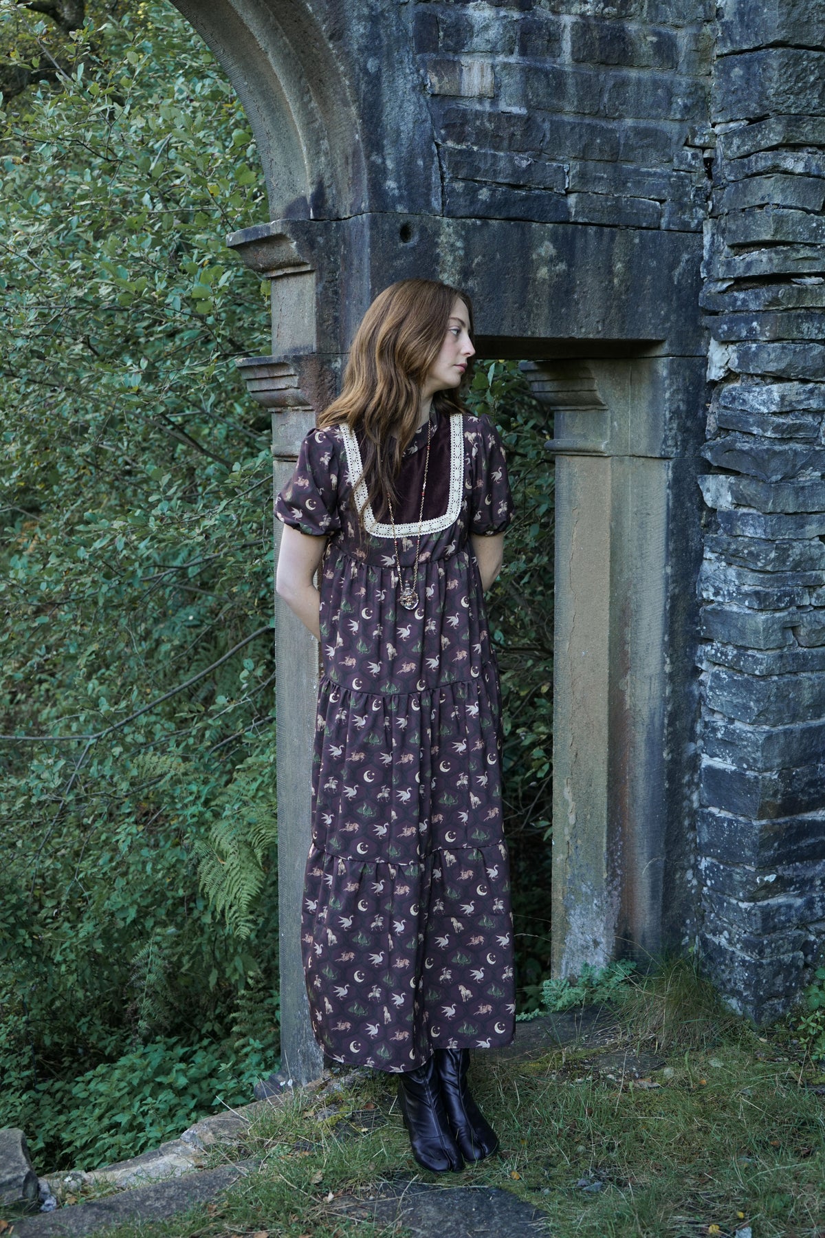 Laura Dress in Damson Folklore Ribbon Print