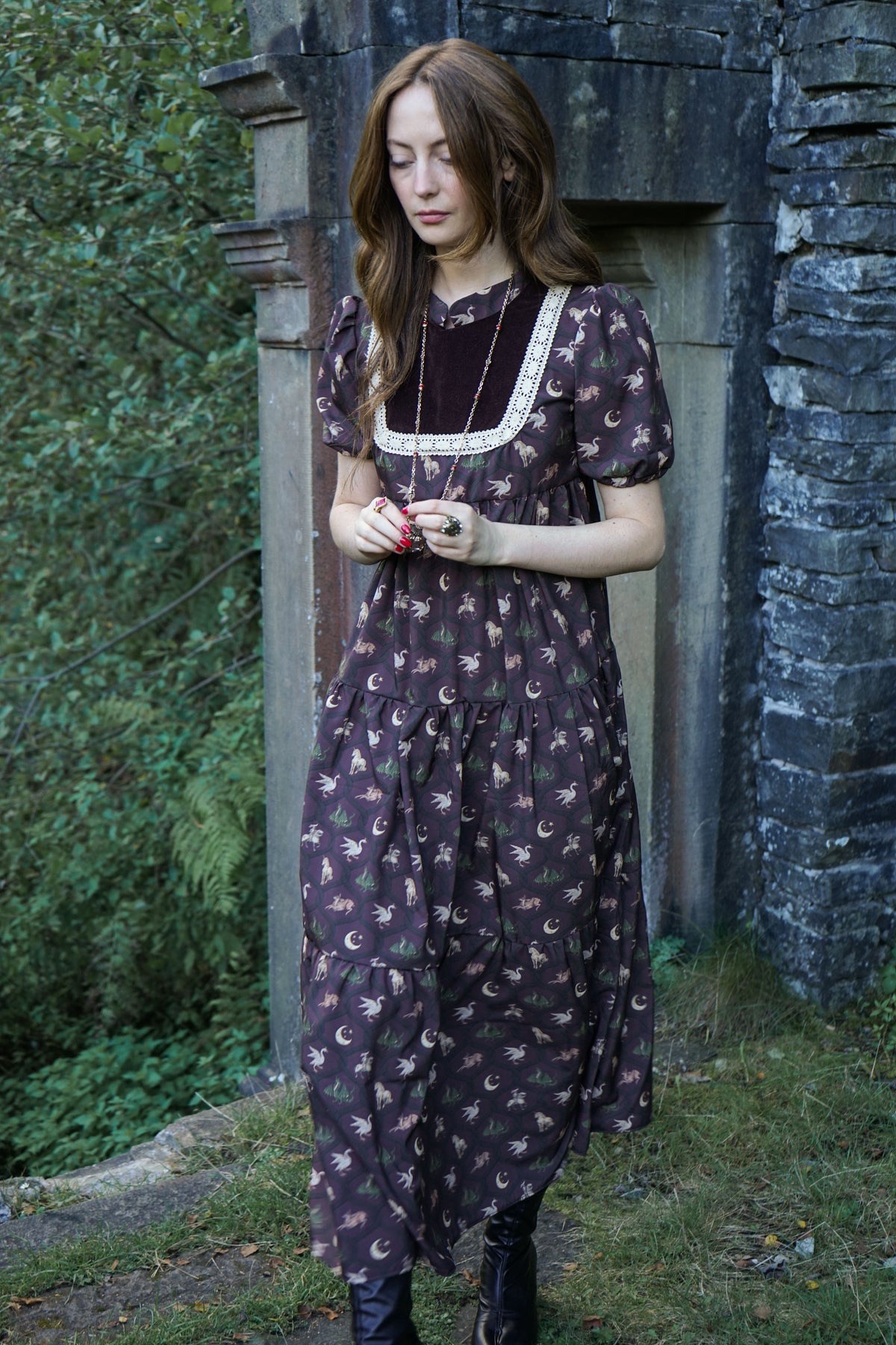 Laura Dress in Damson Folklore Ribbon Print