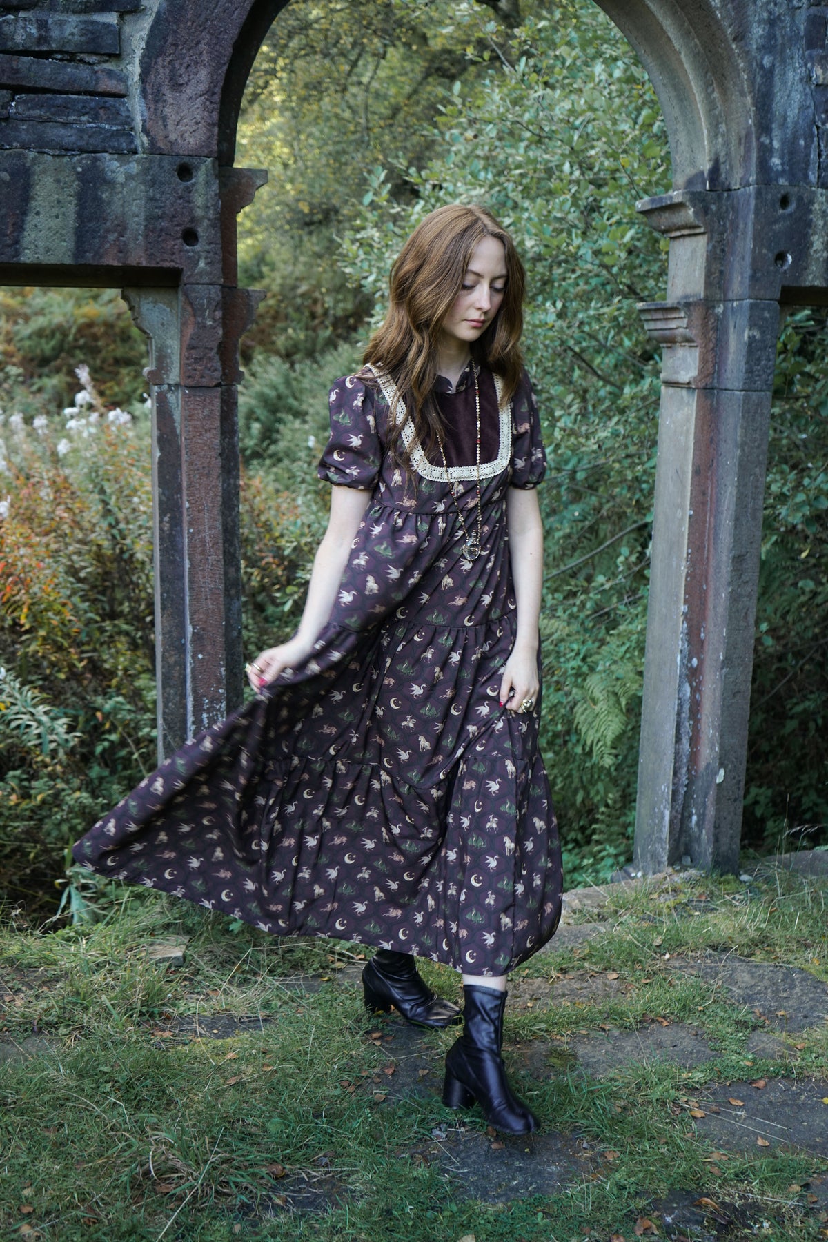 Laura Dress in Damson Folklore Ribbon Print